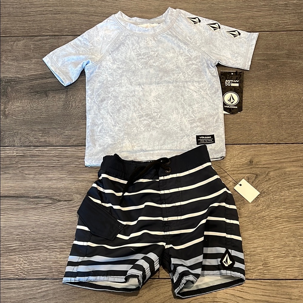 Volcom Kids' Blue Rash Guard and Striped Swim Shorts